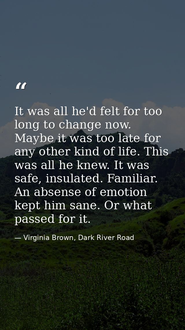It was all he'd felt for too long to change now. Maybe it was too late for any other kind of life. This was all he knew. — Virginia Brown, Dark River Road