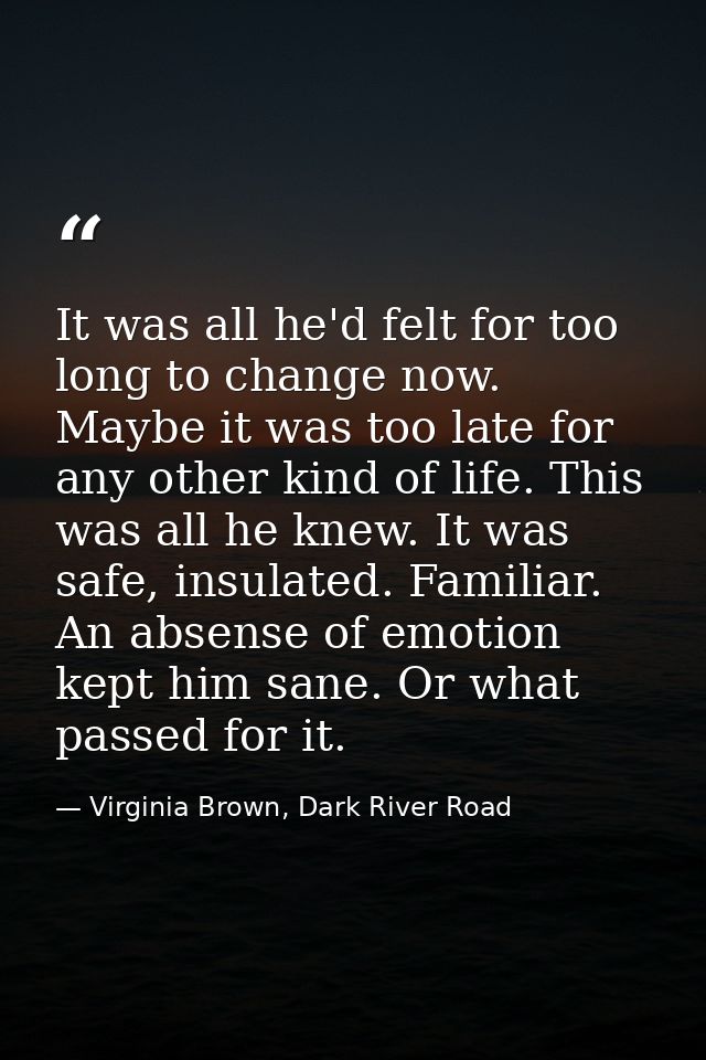 It was all he'd felt for too long to change now. Maybe it was too late for any other kind of life. This was all he knew. — Virginia Brown, Dark River Road