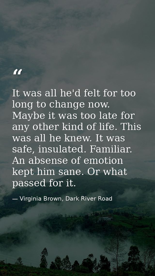 It was all he'd felt for too long to change now. Maybe it was too late for any other kind of life. This was all he knew. — Virginia Brown, Dark River Road