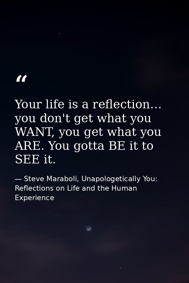 Your life is a reflection… you don't get what you WANT, you get what you ARE. You gotta BE it to SEE it. — Steve Maraboli, Unapologetically You: Reflections on Life and the Human Experience