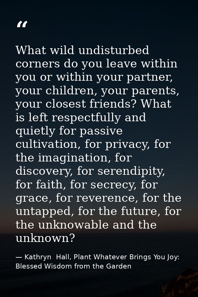What wild undisturbed corners do you leave within you or within your partner, your children, your parents, your closest  — Kathryn  Hall, Plant Whatever Brings You Joy: Blessed Wisdom from the Garden