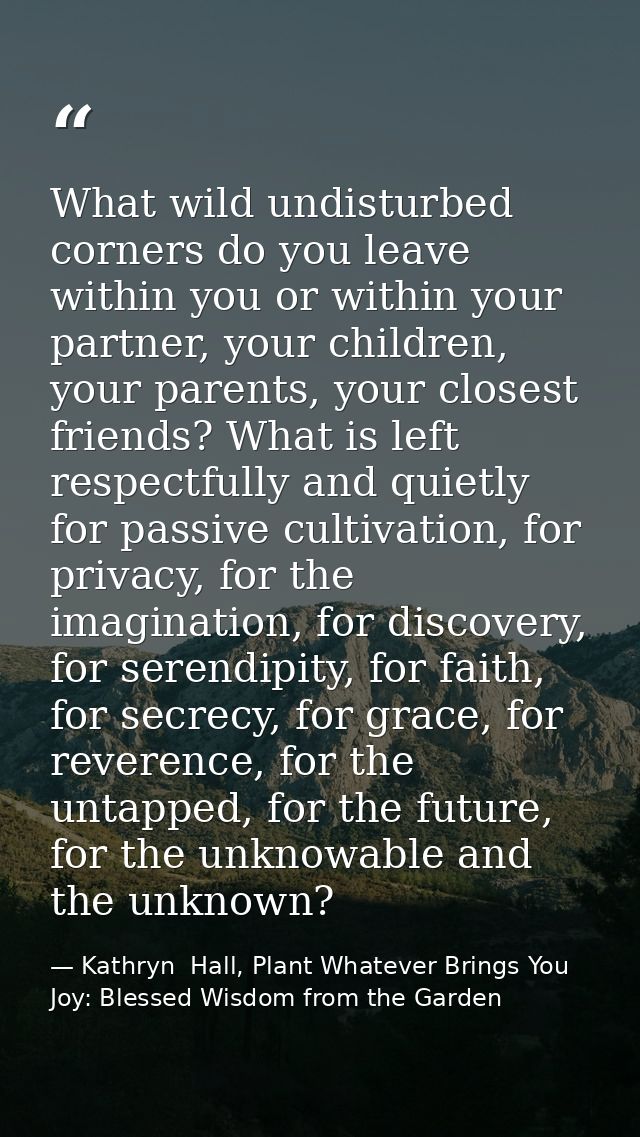 What wild undisturbed corners do you leave within you or within your partner, your children, your parents, your closest  — Kathryn  Hall, Plant Whatever Brings You Joy: Blessed Wisdom from the Garden