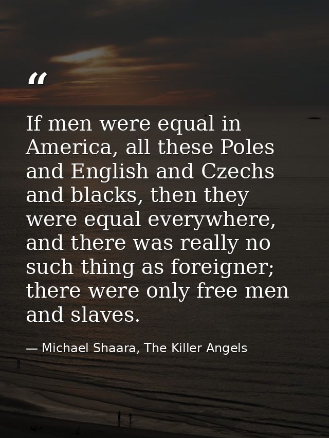 If men were equal in America, all these Poles and English and Czechs and blacks, then they were equal everywhere, and th — Michael Shaara, The Killer Angels