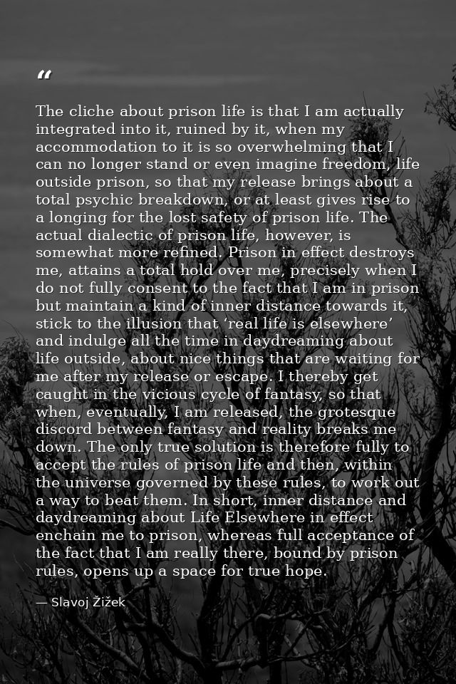 The cliche about prison life is that I am actually integrated into it, ruined by it, when my accommodation to it is so o — Slavoj Žižek
