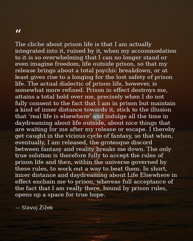 The cliche about prison life is that I am actually integrated into it, ruined by it, when my accommodation to it is so o — Slavoj Žižek