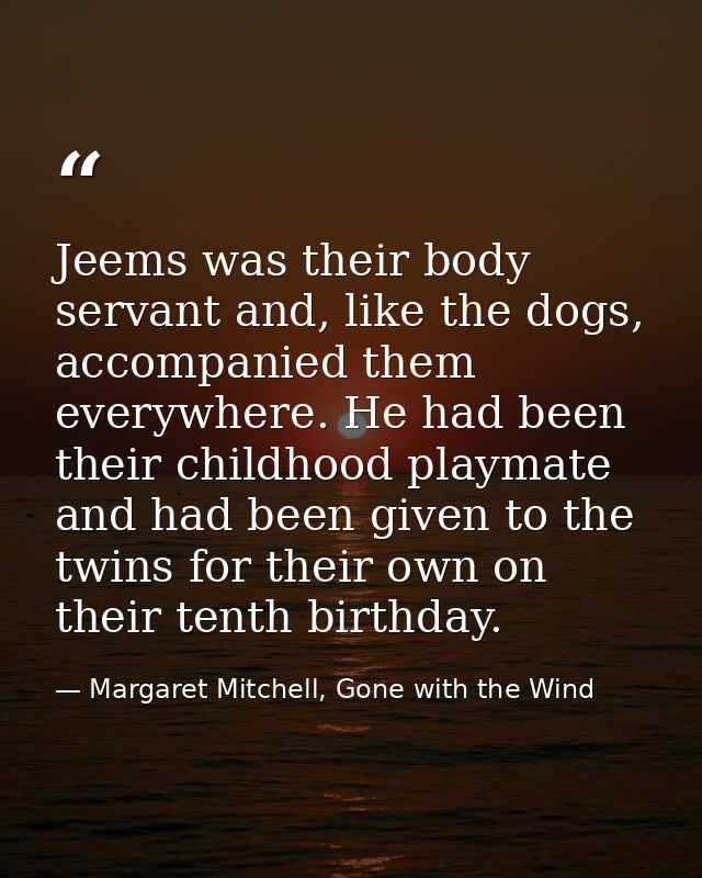 Jeems was their body servant and, like the dogs, accompanied them everywhere. He had been their childhood playmate and h — Margaret Mitchell, Gone with the Wind