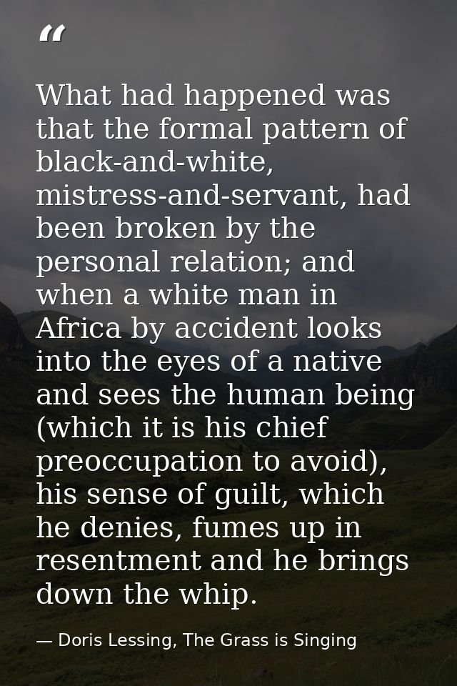 What had happened was that the formal pattern of black-and-white, mistress-and-servant, had been broken by the personal  — Doris Lessing, The Grass is Singing