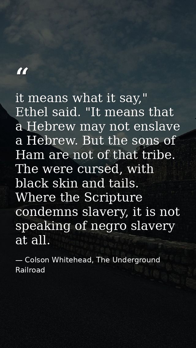 it means what it say," Ethel said. "It means that a Hebrew may not enslave a Hebrew. But the sons of Ham are not of that — Colson Whitehead, The Underground Railroad
