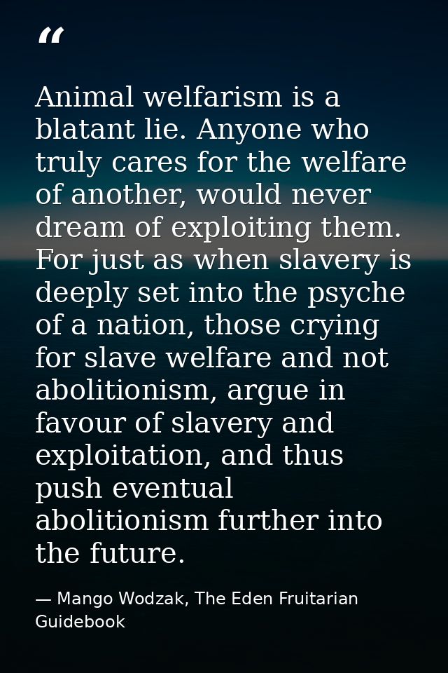 Animal welfarism is a blatant lie. Anyone who truly cares for the welfare of another, would never dream of exploiting th — Mango Wodzak, The Eden Fruitarian Guidebook