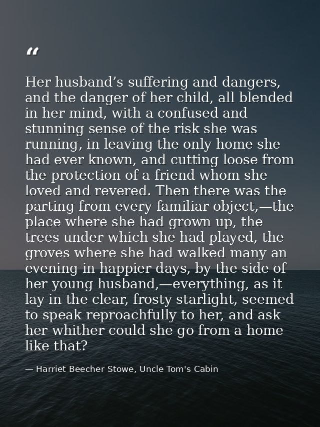 Her husband’s suffering and dangers, and the danger of her child, all blended in her mind, with a confused and stunning  — Harriet Beecher Stowe, Uncle Tom's Cabin