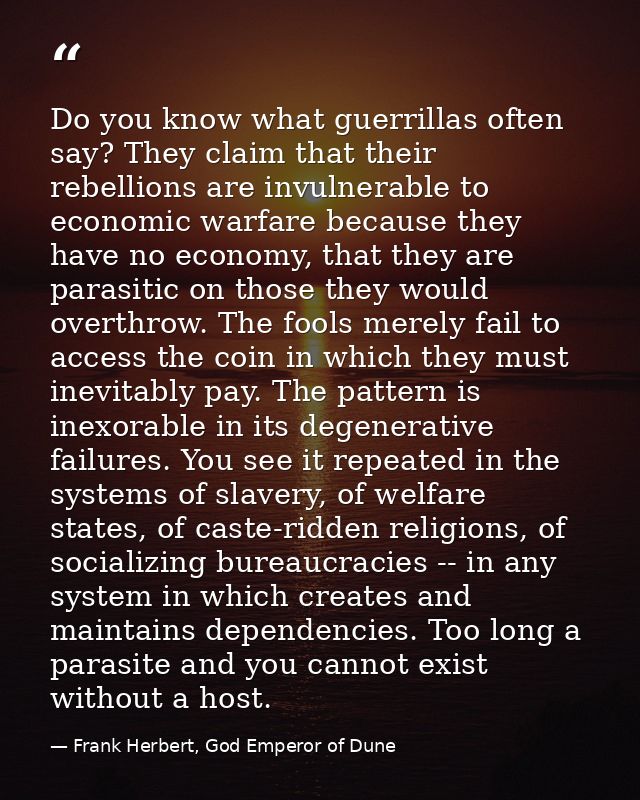 Do you know what guerrillas often say? They claim that their rebellions are invulnerable to economic warfare because the — Frank Herbert, God Emperor of Dune