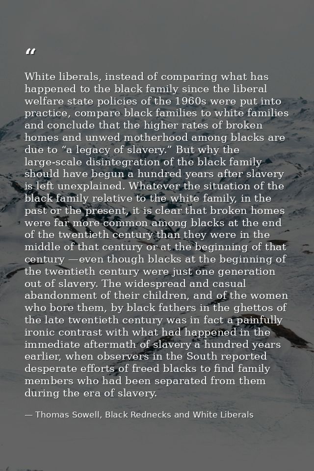 White liberals, instead of comparing what has happened to the black family since the liberal welfare state policies of t — Thomas Sowell, Black Rednecks and White Liberals