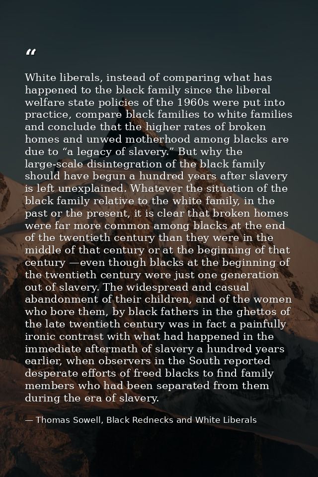 White liberals, instead of comparing what has happened to the black family since the liberal welfare state policies of t — Thomas Sowell, Black Rednecks and White Liberals
