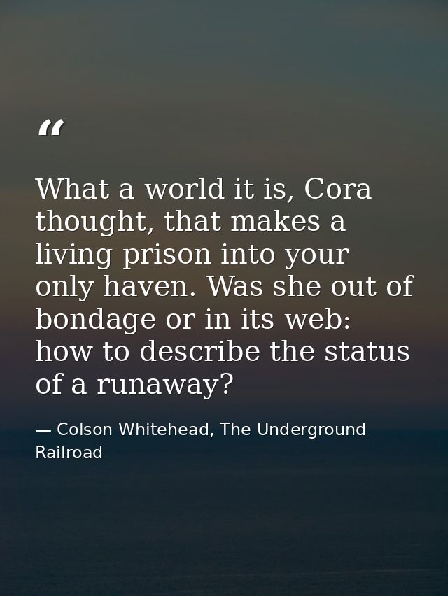 What a world it is, Cora thought, that makes a living prison into your only haven. Was she out of bondage or in its web: — Colson Whitehead, The Underground Railroad