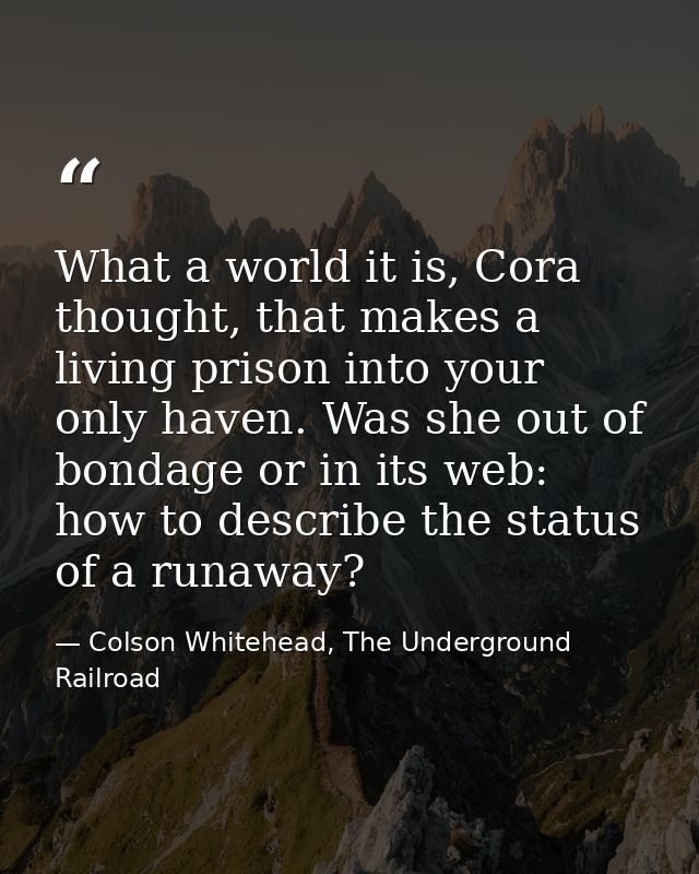 What a world it is, Cora thought, that makes a living prison into your only haven. Was she out of bondage or in its web: — Colson Whitehead, The Underground Railroad