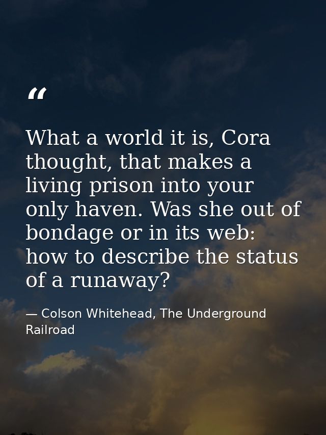 What a world it is, Cora thought, that makes a living prison into your only haven. Was she out of bondage or in its web: — Colson Whitehead, The Underground Railroad