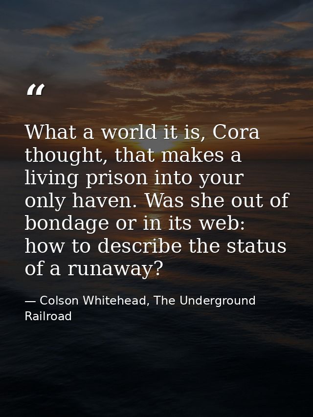 What a world it is, Cora thought, that makes a living prison into your only haven. Was she out of bondage or in its web: — Colson Whitehead, The Underground Railroad