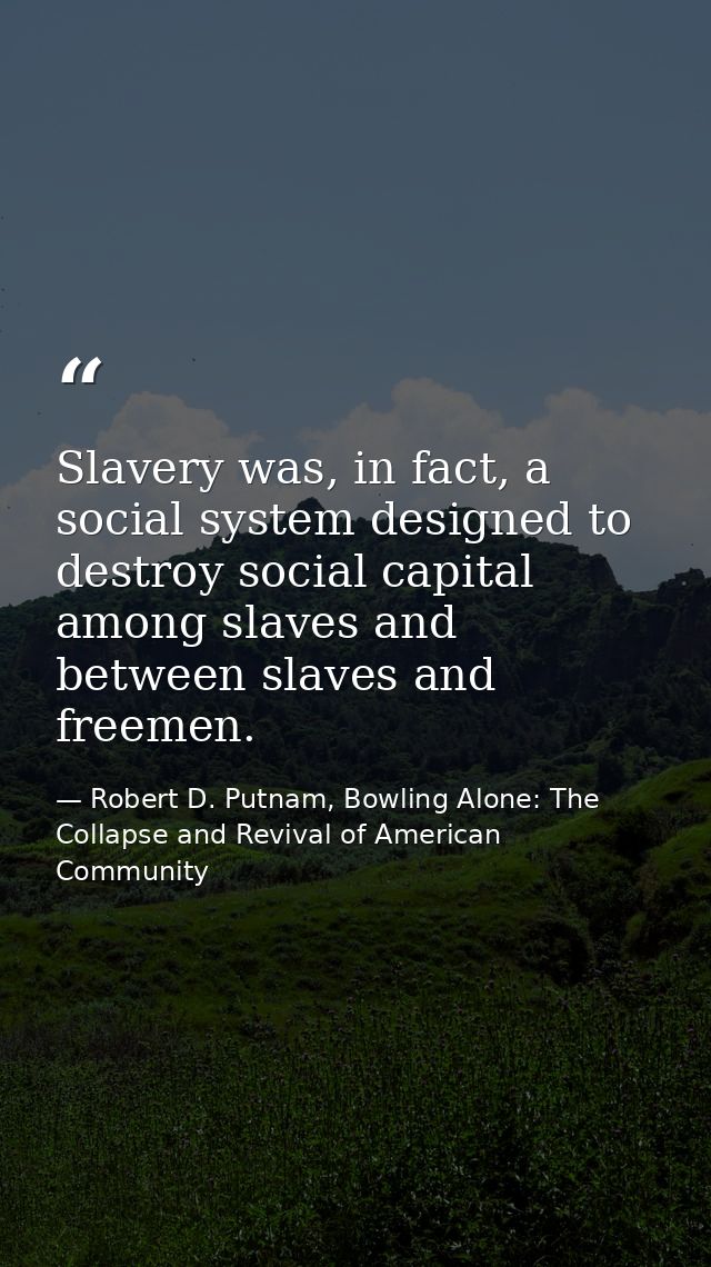 Slavery was, in fact, a social system designed to destroy social capital among slaves and between slaves and freemen. — Robert D. Putnam, Bowling Alone: The Collapse and Revival of American Community