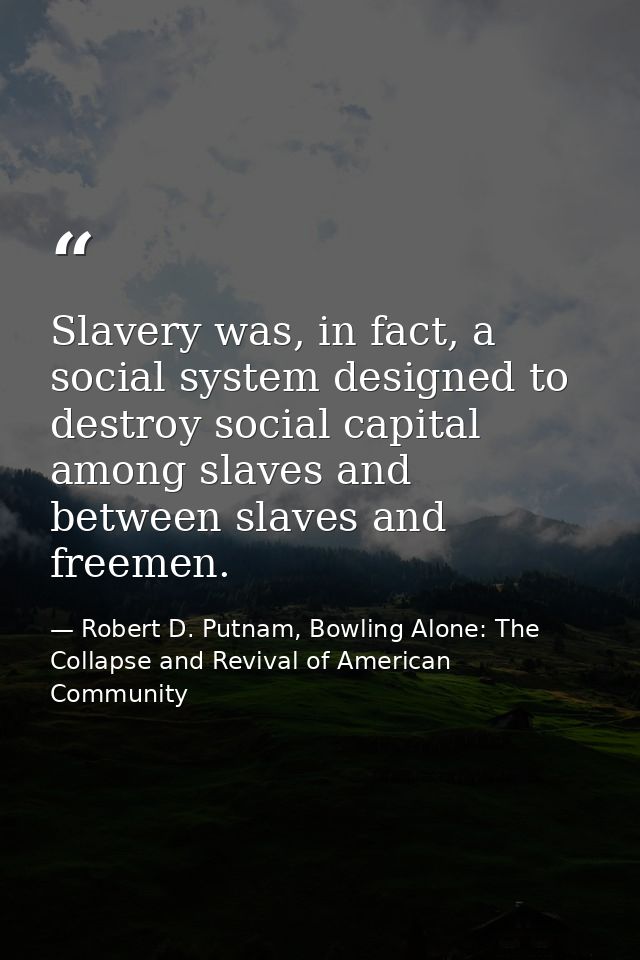 Slavery was, in fact, a social system designed to destroy social capital among slaves and between slaves and freemen. — Robert D. Putnam, Bowling Alone: The Collapse and Revival of American Community