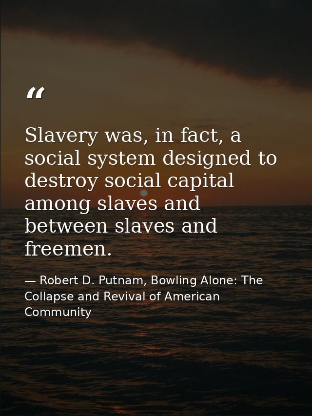 Slavery was, in fact, a social system designed to destroy social capital among slaves and between slaves and freemen. — Robert D. Putnam, Bowling Alone: The Collapse and Revival of American Community