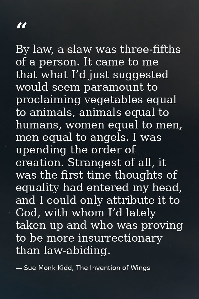 By law, a slaw was three-fifths of a person. It came to me that what I’d just suggested would seem paramount to proclaim — Sue Monk Kidd, The Invention of Wings
