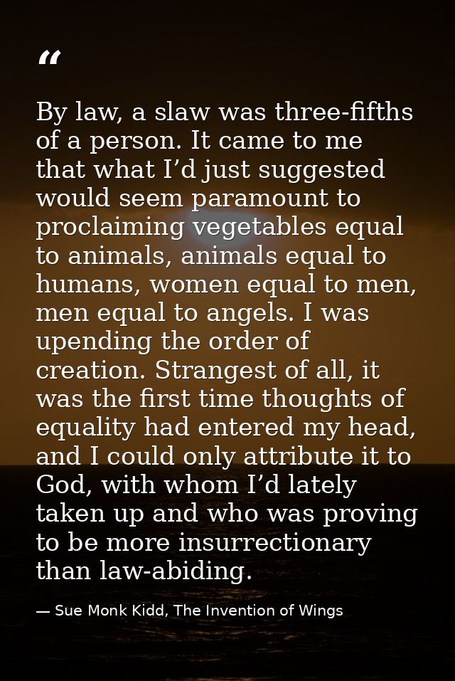 By law, a slaw was three-fifths of a person. It came to me that what I’d just suggested would seem paramount to proclaim — Sue Monk Kidd, The Invention of Wings