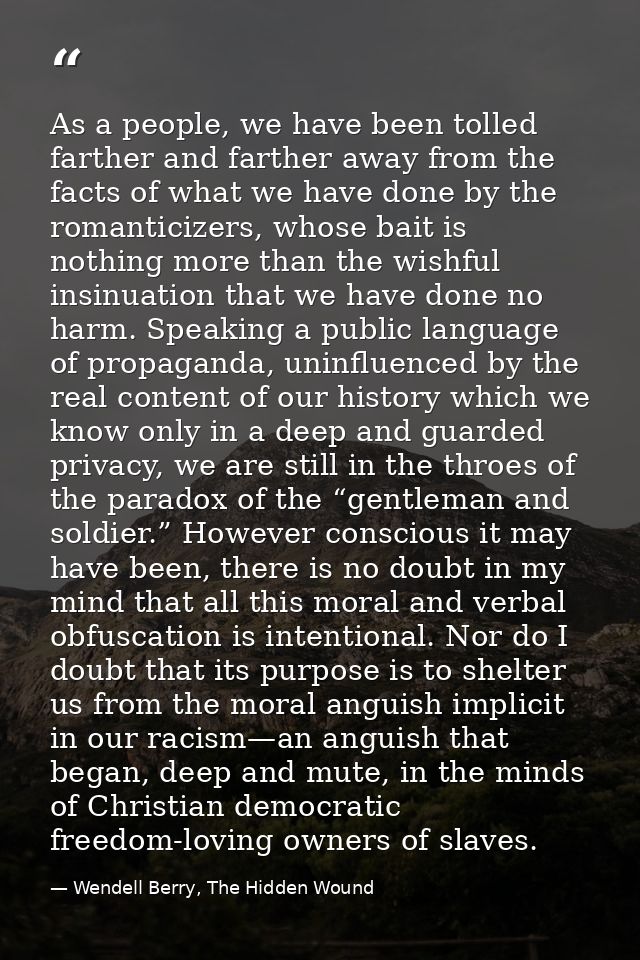 As a people, we have been tolled farther and farther away from the facts of what we have done by the romanticizers, whos — Wendell Berry, The Hidden Wound