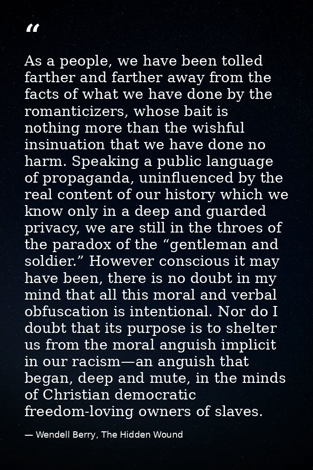 As a people, we have been tolled farther and farther away from the facts of what we have done by the romanticizers, whos — Wendell Berry, The Hidden Wound