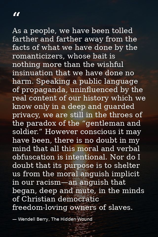 As a people, we have been tolled farther and farther away from the facts of what we have done by the romanticizers, whos — Wendell Berry, The Hidden Wound