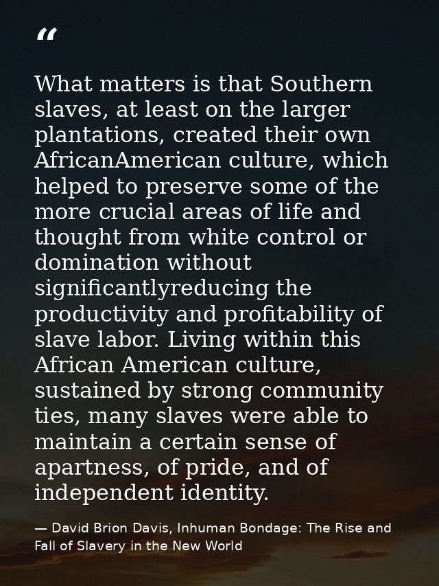 What matters is that Southern slaves, at least on the larger plantations, created their own AfricanAmerican culture, whi — David Brion Davis, Inhuman Bondage: The Rise and Fall of Slavery in the New World
