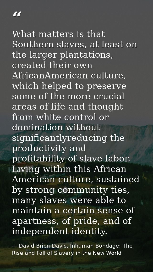 What matters is that Southern slaves, at least on the larger plantations, created their own AfricanAmerican culture, whi — David Brion Davis, Inhuman Bondage: The Rise and Fall of Slavery in the New World
