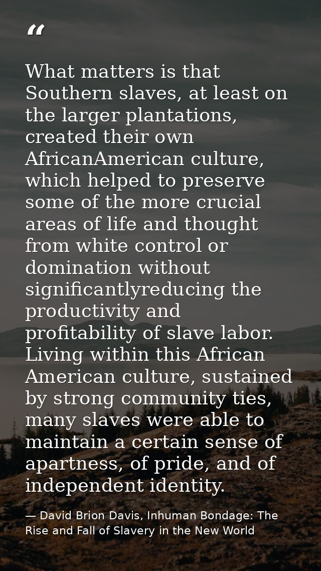 What matters is that Southern slaves, at least on the larger plantations, created their own AfricanAmerican culture, whi — David Brion Davis, Inhuman Bondage: The Rise and Fall of Slavery in the New World