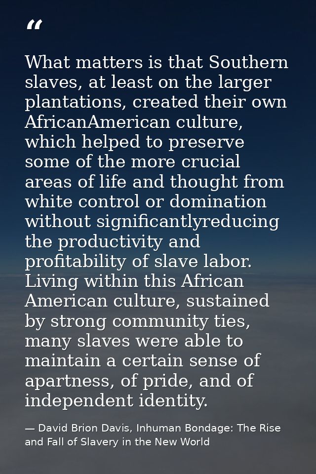 What matters is that Southern slaves, at least on the larger plantations, created their own AfricanAmerican culture, whi — David Brion Davis, Inhuman Bondage: The Rise and Fall of Slavery in the New World
