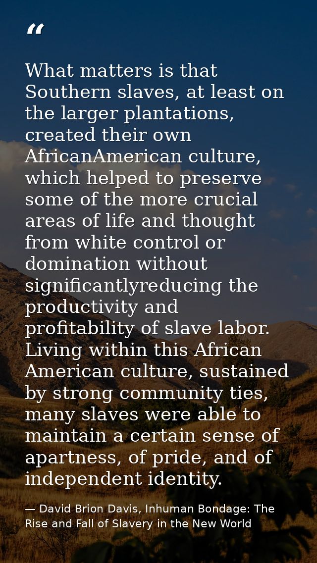 What matters is that Southern slaves, at least on the larger plantations, created their own AfricanAmerican culture, whi — David Brion Davis, Inhuman Bondage: The Rise and Fall of Slavery in the New World