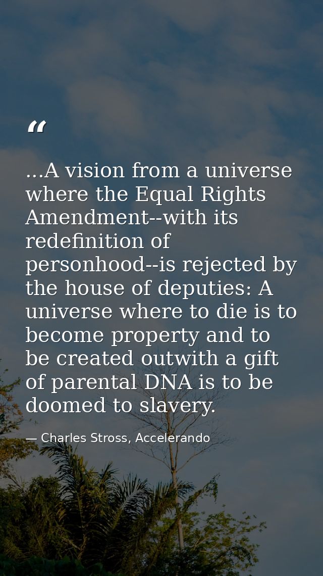 ...A vision from a universe where the Equal Rights Amendment--with its redefinition of personhood--is rejected by the ho — Charles Stross, Accelerando