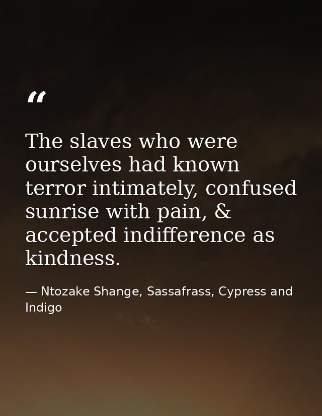The slaves who were ourselves had known terror intimately, confused sunrise with pain, & accepted indifference as kindne — Ntozake Shange, Sassafrass, Cypress and Indigo