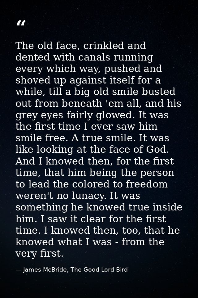 The old face, crinkled and dented with canals running every which way, pushed and shoved up against itself for a while,  — James McBride, The Good Lord Bird