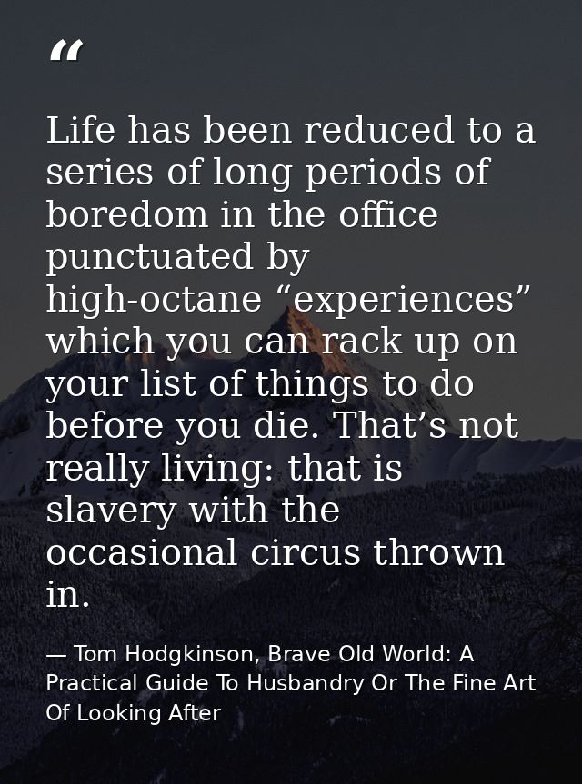 Life has been reduced to a series of long periods of boredom in the office punctuated by high-octane “experiences” which — Tom Hodgkinson, Brave Old World: A Practical Guide To Husbandry Or The Fine Art Of Looking After