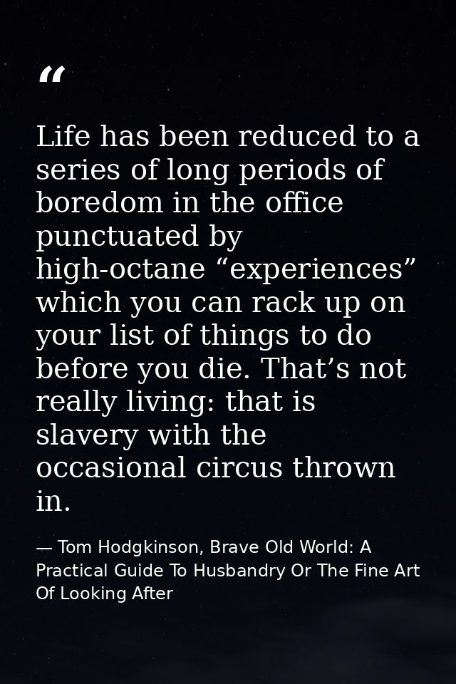 Life has been reduced to a series of long periods of boredom in the office punctuated by high-octane “experiences” which — Tom Hodgkinson, Brave Old World: A Practical Guide To Husbandry Or The Fine Art Of Looking After