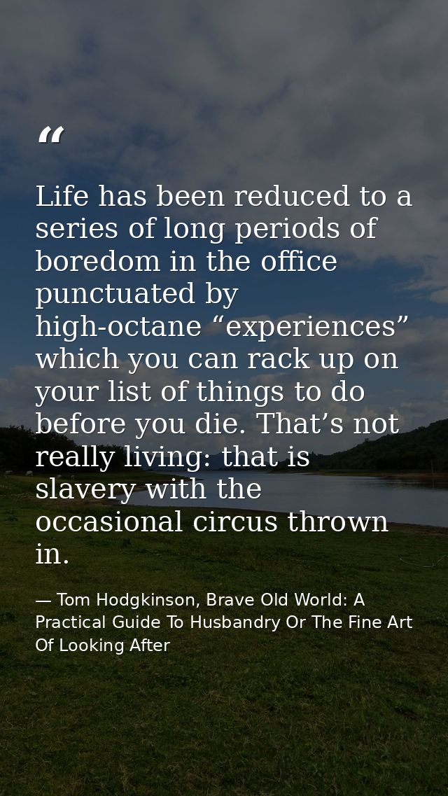 Life has been reduced to a series of long periods of boredom in the office punctuated by high-octane “experiences” which — Tom Hodgkinson, Brave Old World: A Practical Guide To Husbandry Or The Fine Art Of Looking After