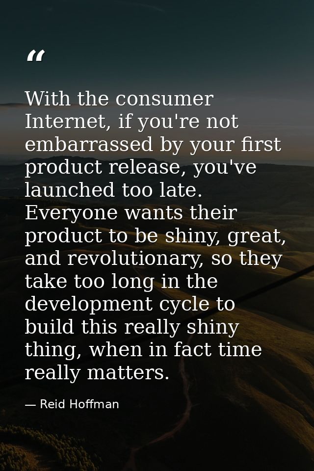 With the consumer Internet, if you're not embarrassed by your first product release, you've launched too late. Everyone  — Reid Hoffman