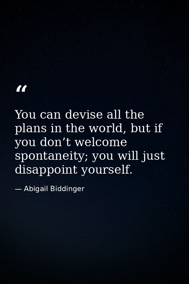 You can devise all the plans in the world, but if you don’t welcome spontaneity; you will just disappoint yourself. — Abigail Biddinger
