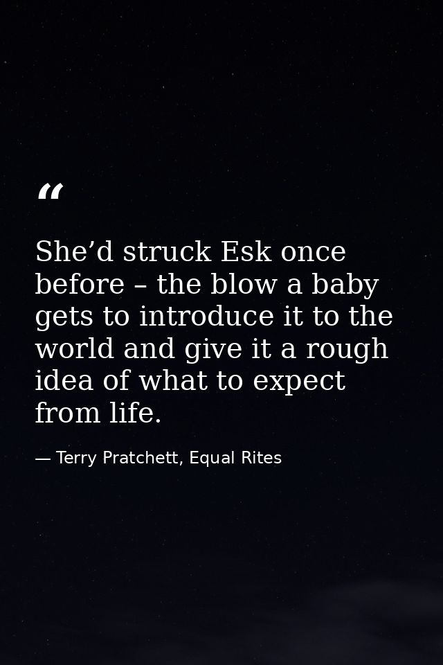 She’d struck Esk once before – the blow a baby gets to introduce it to the world and give it a rough idea of what to exp — Terry Pratchett, Equal Rites