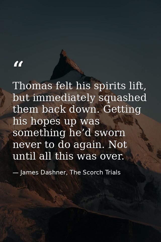 Thomas felt his spirits lift, but immediately squashed them back down. Getting his hopes up was something he’d sworn nev — James Dashner, The Scorch Trials