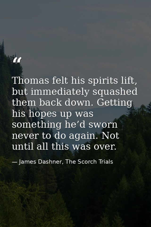 Thomas felt his spirits lift, but immediately squashed them back down. Getting his hopes up was something he’d sworn nev — James Dashner, The Scorch Trials