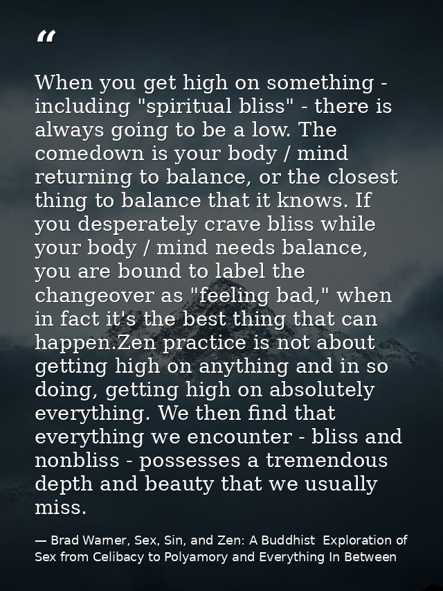 When you get high on something - including "spiritual bliss" - there is always going to be a low. The comedown is your b — Brad Warner, Sex, Sin, and Zen: A Buddhist  Exploration of Sex from Celibacy to Polyamory and Everything In Between