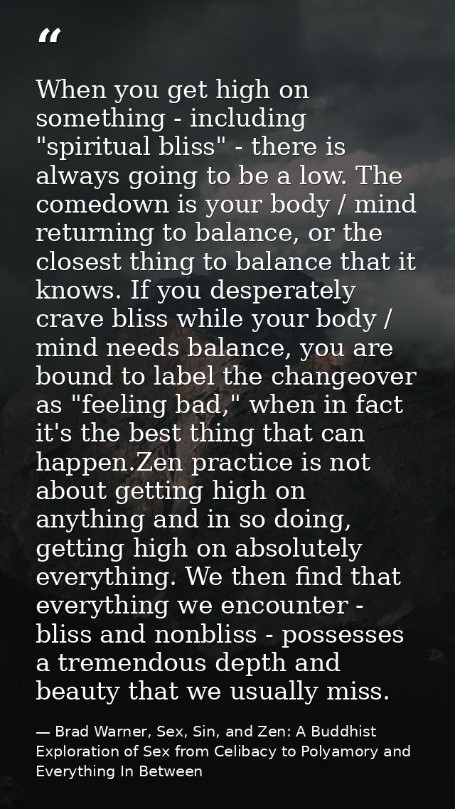 When you get high on something - including "spiritual bliss" - there is always going to be a low. The comedown is your b — Brad Warner, Sex, Sin, and Zen: A Buddhist  Exploration of Sex from Celibacy to Polyamory and Everything In Between