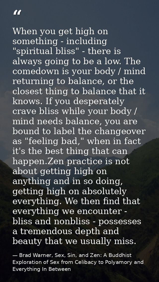When you get high on something - including "spiritual bliss" - there is always going to be a low. The comedown is your b — Brad Warner, Sex, Sin, and Zen: A Buddhist  Exploration of Sex from Celibacy to Polyamory and Everything In Between