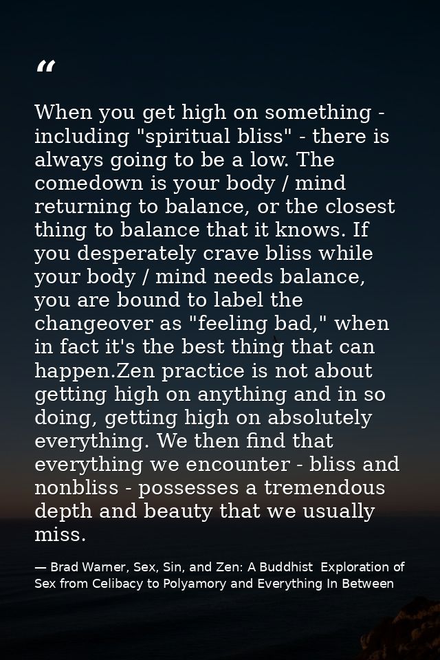 When you get high on something - including "spiritual bliss" - there is always going to be a low. The comedown is your b — Brad Warner, Sex, Sin, and Zen: A Buddhist  Exploration of Sex from Celibacy to Polyamory and Everything In Between