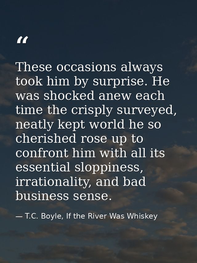 These occasions always took him by surprise. He was shocked anew each time the crisply surveyed, neatly kept world he so — T.C. Boyle, If the River Was Whiskey